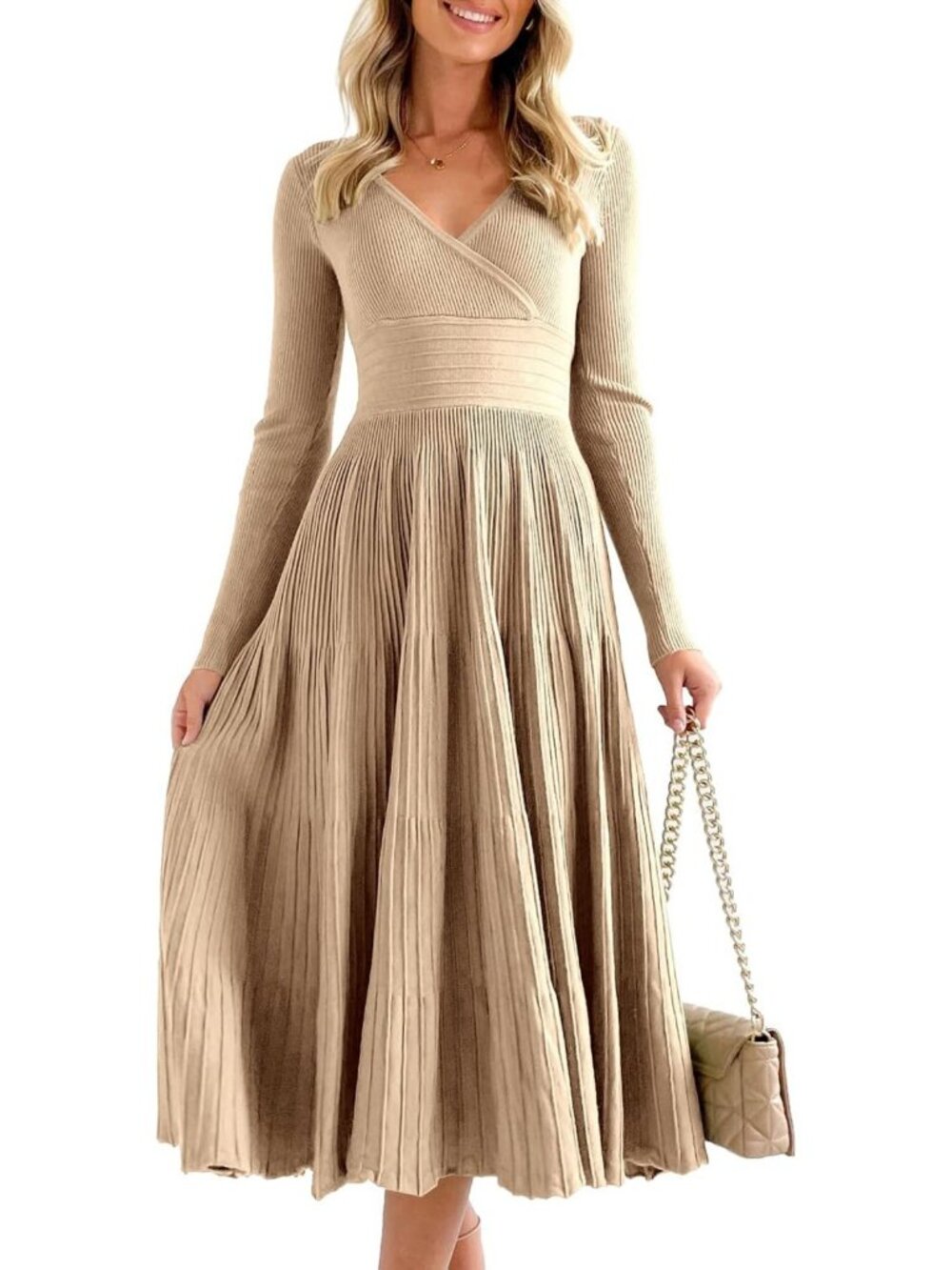 Chic Women's Long Sleeve V-Neck Midi Sweater Dress | Pleated Maxi Style